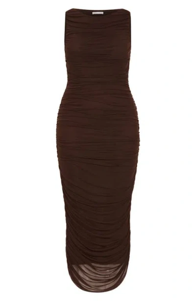 City Chic Halo Sleeveless Ruched Mesh Dress In Brown