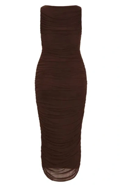 City Chic Halo Sleeveless Ruched Mesh Dress In Brown