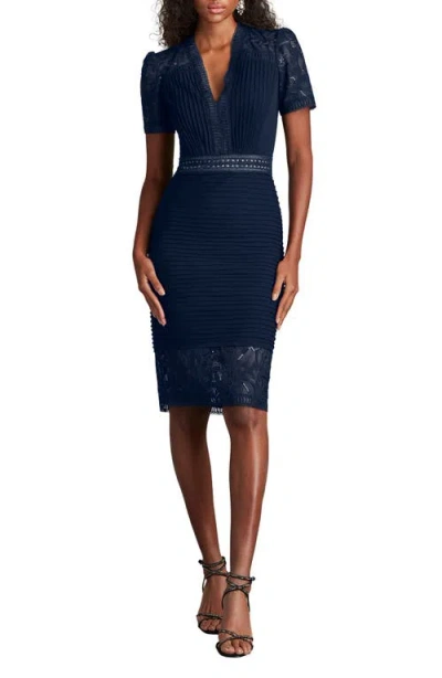 Tadashi Shoji Pintuck Lace Inset Cocktail Dress In Blue