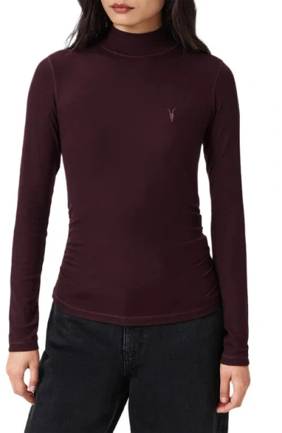 Allsaints Rina Mock Neck Long Sleeve Rib Top In Burgundy