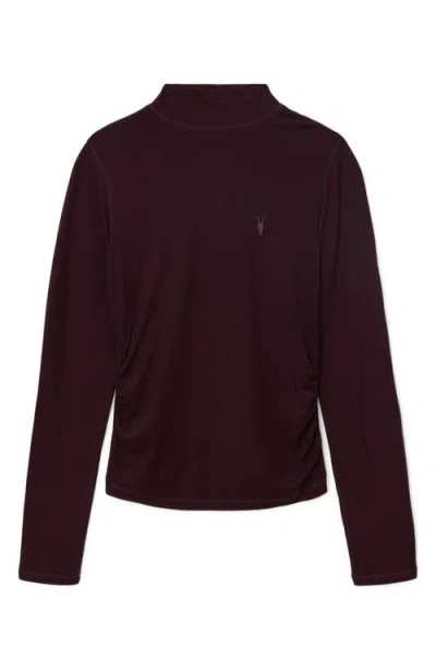 Allsaints Rina Mock Neck Long Sleeve Rib Top In Burgundy