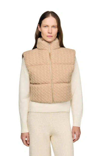Sandro Womens Beige Short Sleeveless Cable-knit Wool Puffer Jacket In Nude