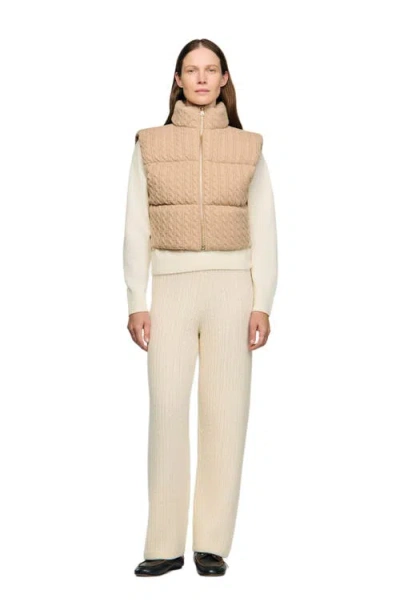 Sandro Womens Beige Short Sleeveless Cable-knit Wool Puffer Jacket In Nude