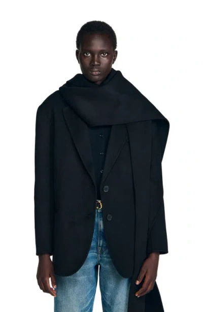 Sandro Short Coat With Integrated Scarf In Black