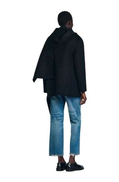 Sandro Short Coat With Integrated Scarf In Black