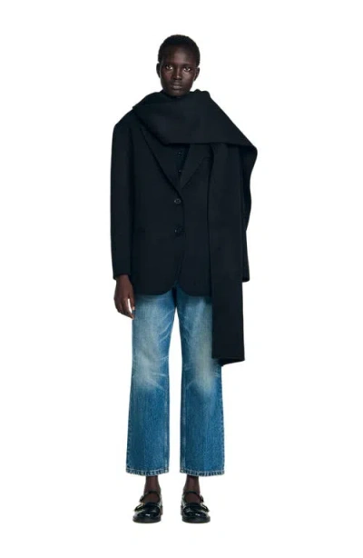 Sandro Short Coat With Integrated Scarf In Black