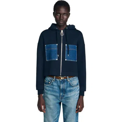 Sandro Mixed Media Hoodie Jacket In Blue