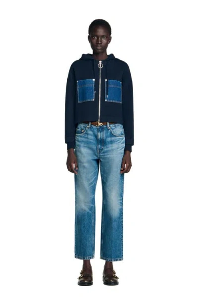 Sandro Mixed Media Hoodie Jacket In Blue