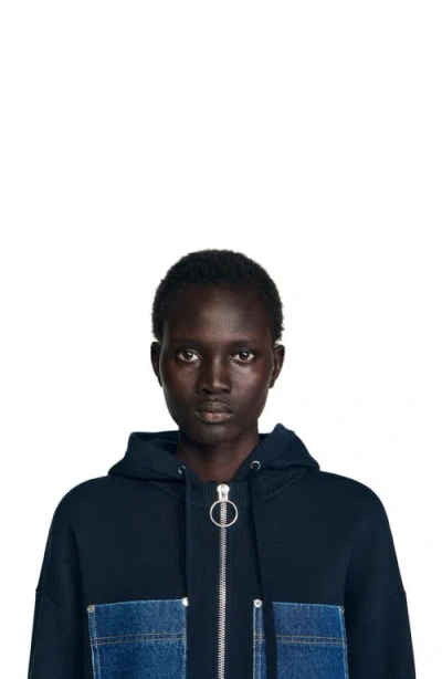 Sandro Mixed Media Hoodie Jacket In Blue