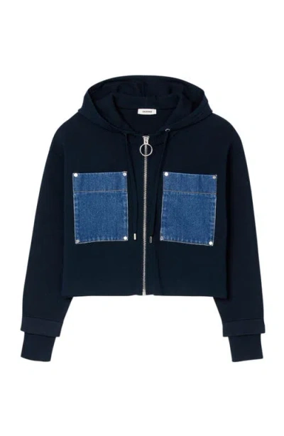 Sandro Mixed Media Hoodie Jacket In Blue