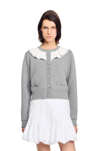 Sandro Womens Contrast-collar Button-down Knitted Cardigan Grey In Gray