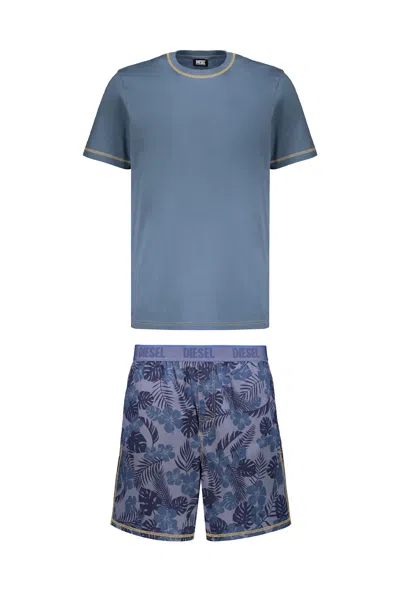 Diesel Complete Cotton Jersey Two-piece Pajama Set With Simple T-shirt In Blue