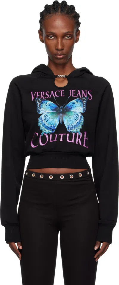 Versace Jeans Couture Cropped Black Sweatshirt With Butterfly Graphic In Black