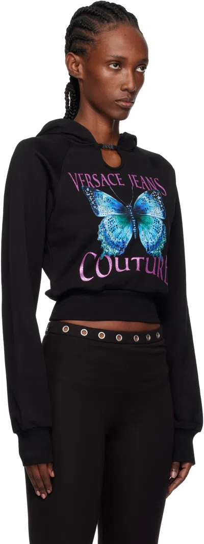 Versace Jeans Couture Cropped Black Sweatshirt With Butterfly Graphic In Black