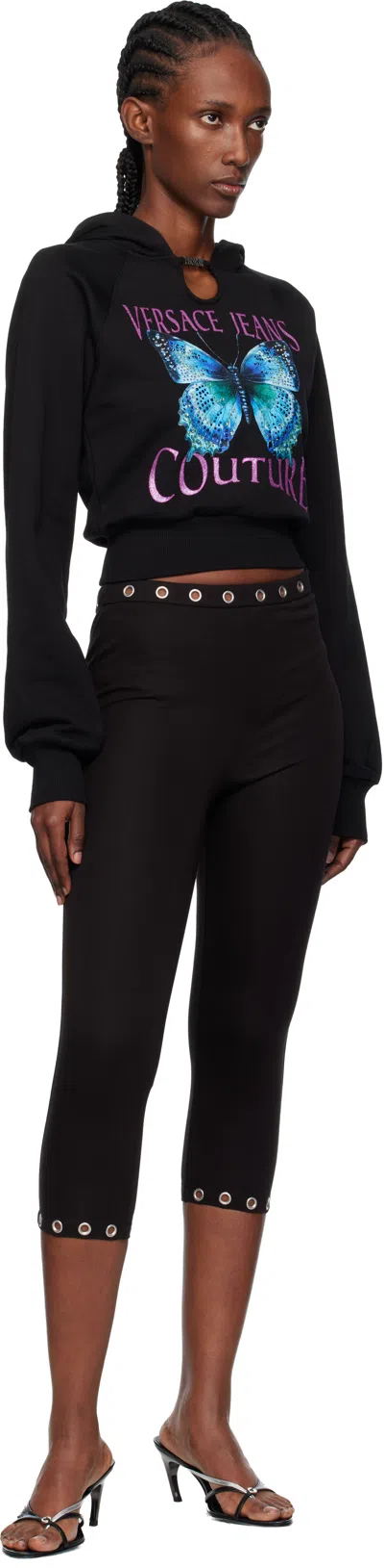 Versace Jeans Couture Cropped Black Sweatshirt With Butterfly Graphic In Black