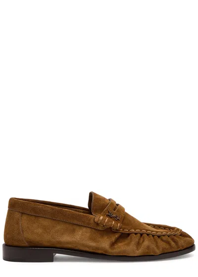 Saint Laurent Cassandre Penny Suede Loafers In Brown