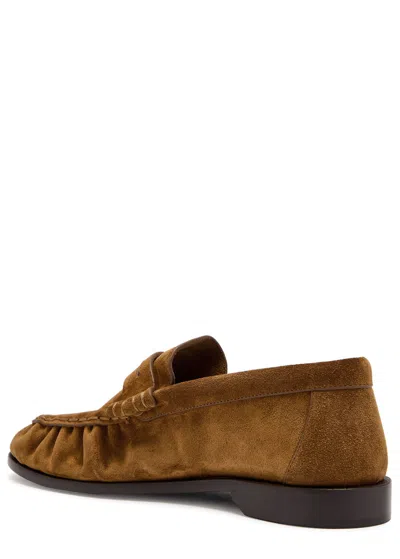 Saint Laurent Cassandre Penny Suede Loafers In Brown