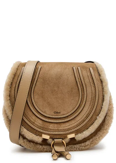 Chloé Chloe Marcie Small Shearling-trim Suede Saddle Bag In Brown