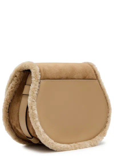 Chloé Chloe Marcie Small Shearling-trim Suede Saddle Bag In Brown