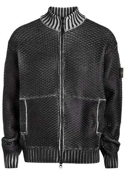 Stone Island Mens Pearl Grey Sublimatic-print Textured Woven-knitted Cardigan In Black