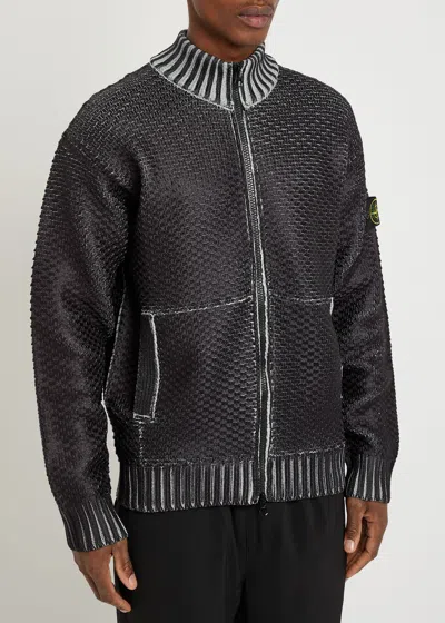 Stone Island Mens Pearl Grey Sublimatic-print Textured Woven-knitted Cardigan In Black