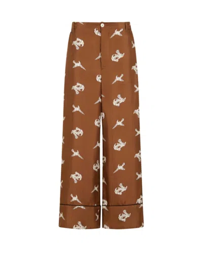 Marni Brown Silk Twill Trousers With Raven Print In Brown