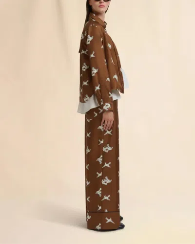 Marni Brown Silk Twill Trousers With Raven Print In Brown