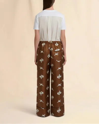 Marni Brown Silk Twill Trousers With Raven Print In Brown