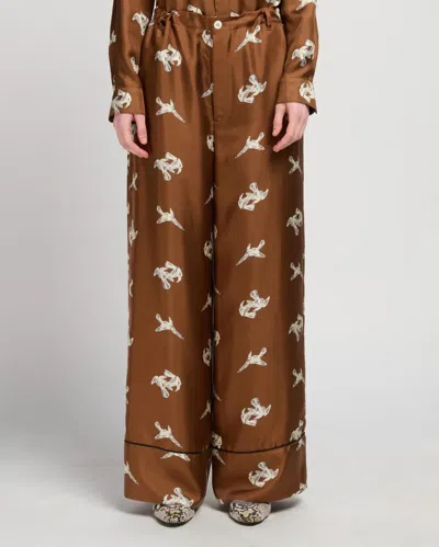 Marni Brown Silk Twill Trousers With Raven Print In Brown