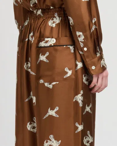 Marni Brown Silk Twill Trousers With Raven Print In Brown