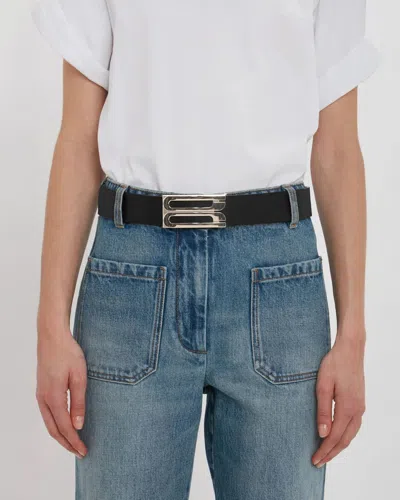 Victoria Beckham Silver Buckle Jumbo Dorian Belt In Black Grained Leather In Black