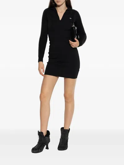 Adidas Originals Long-sleeve Polo-collar Mini Dress In Black