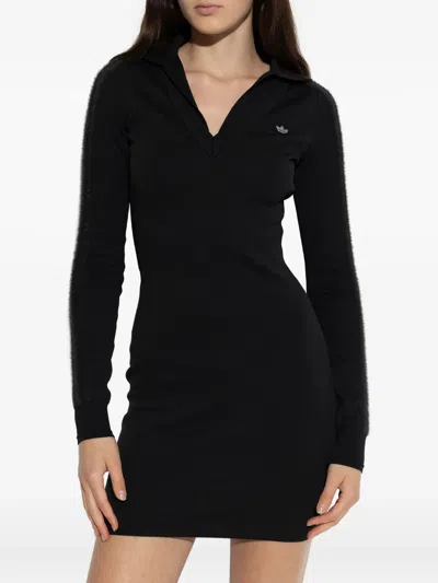 Adidas Originals Long-sleeve Polo-collar Mini Dress In Black