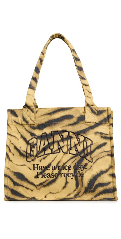 Ganni Large Tote Bag Made From Recycled Cotton In Brown