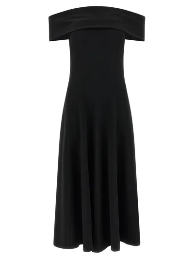 Alberta Ferretti Slightly Stretch Cady Midi Dress With Off-the-shoulder Neckline In Black