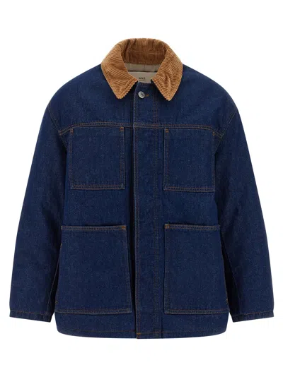 Ami Alexandre Mattiussi Dark Denim Jacket With Brown Corduroy Collar In Blue