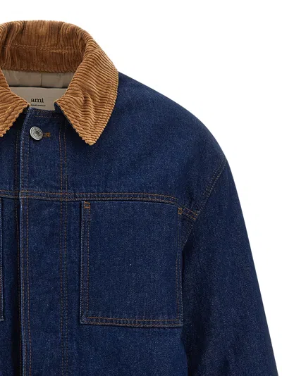 Ami Alexandre Mattiussi Dark Denim Jacket With Brown Corduroy Collar In Blue