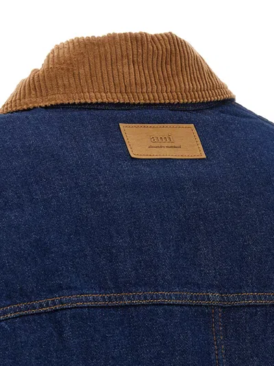 Ami Alexandre Mattiussi Dark Denim Jacket With Brown Corduroy Collar In Blue