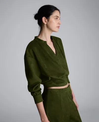 Kenneth Cole Faux Suede Shoulder Pleated Long Sleeve Knit Pullover In Green