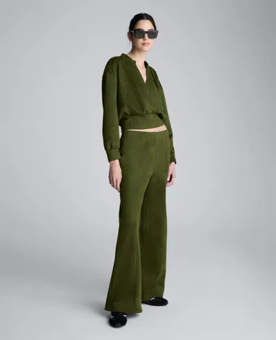 Kenneth Cole Faux Suede Shoulder Pleated Long Sleeve Knit Pullover In Green
