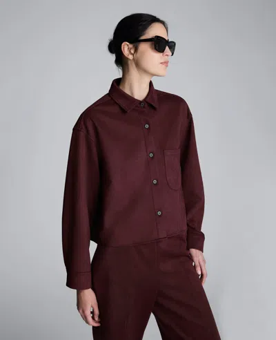 Kenneth Cole Faux Suede Button Front Cropped Knit Shirt In Burgundy