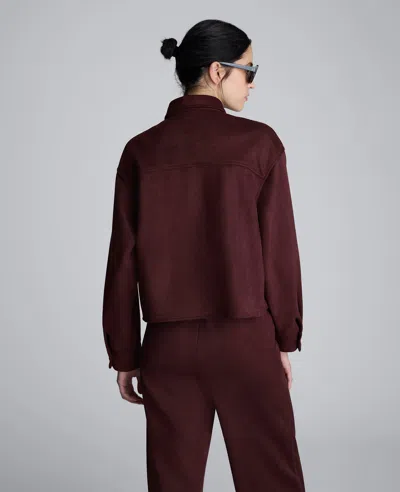 Kenneth Cole Faux Suede Button Front Cropped Knit Shirt In Burgundy