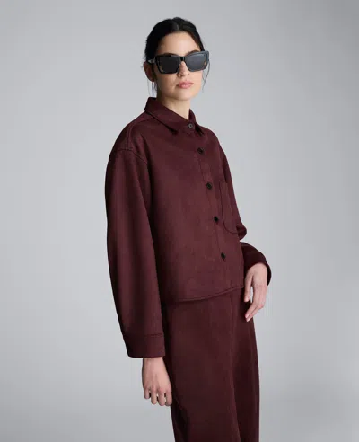 Kenneth Cole Faux Suede Button Front Cropped Knit Shirt In Burgundy