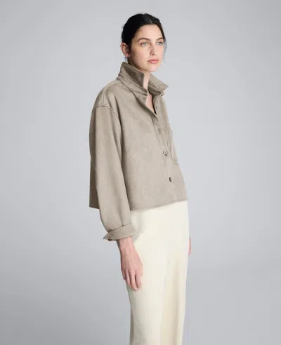 Kenneth Cole Faux Suede Button Front Cropped Knit Shirt In Gray