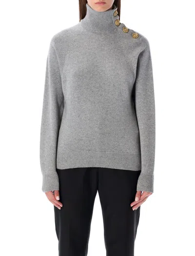 Balmain Grey High-neck Wool Sweater With Gold Buttons In Gray