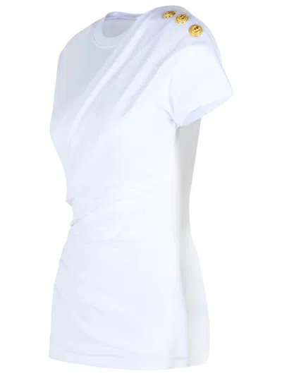 Balmain Cotton T-shirt With Button Detail And Draped Design In White