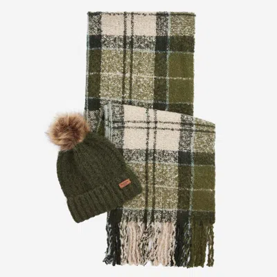 Barbour Check-print Scarf And Beanie Set In Green