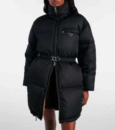 Prada Re-nylon Belted Down Jacket In Black