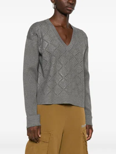 Blugirl Diamond-patterned V-neck Sweater With Openwork Details In Gray