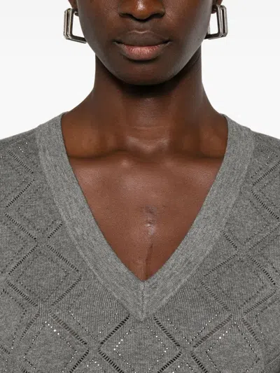 Blugirl Diamond-patterned V-neck Sweater With Openwork Details In Gray